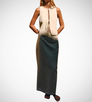 zara style vest and skirt set matching outfit beige open vest sexy style long maxi skirt high waist fashion style streetstyle ribbon vest sleeveless khaki back slit 