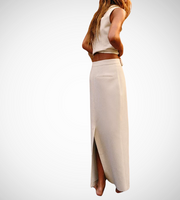 zara style vest and skirt set matching outfit beige open vest sexy style long maxi skirt high waist fashion style streetstyle ribbon vest sleeveless khaki back slit 