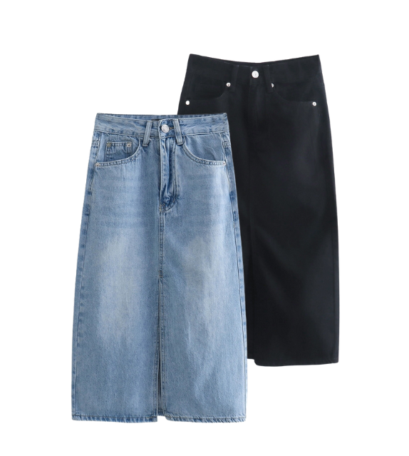 black denim front slit skirt cute mid length fashion style streetstyle love outfits casual wear long korean style clothing women zara everyday casual wear