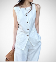 all white long vest and pants trouser coordinate set navy blue linen wear gartered pants sleeveless korean style clothing for woman side pockets fashion style button down vest 