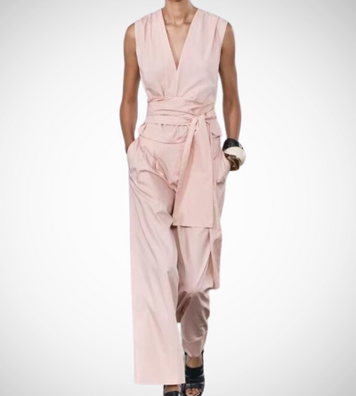 light pink zara wrap around top gartered wide leg pants matching outfit sets coordinates side pockets zipped on the side sleeveless v neck top straight cut trousers everyday zara h&m uniqlo mango 