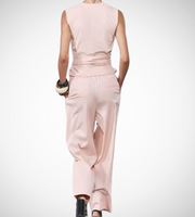 light pink zara wrap around top gartered wide leg pants matching outfit sets coordinates side pockets zipped on the side sleeveless v neck top straight cut trousers everyday zara h&m uniqlo mango 