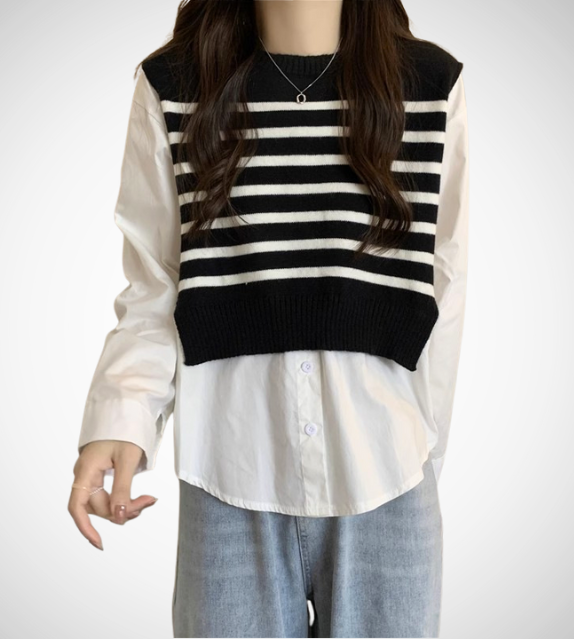 black apricot beige sweater knitted knits long sleeves patchwork top stripes cold weather cool winter wear crew neck button down shirt top 