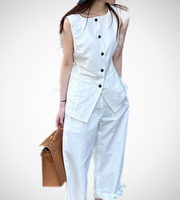 all white long vest and pants trouser coordinate set navy blue linen wear gartered pants sleeveless korean style clothing for woman side pockets fashion style button down vest 