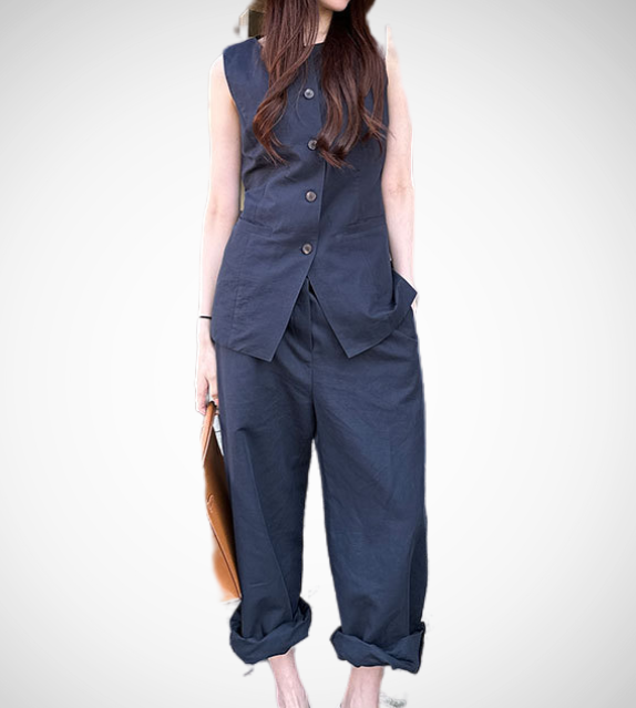 all white long vest and pants trouser coordinate set navy blue linen wear gartered pants sleeveless korean style clothing for woman side pockets fashion style button down vest 