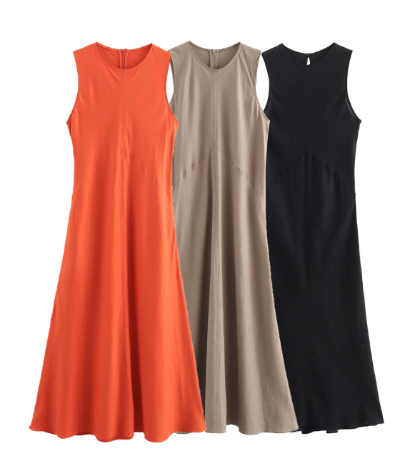 orange black khaki beige sleeveless crew neck side pockets long mxi dress basic simple casual everyday style outfit zara h&m uniqlo 