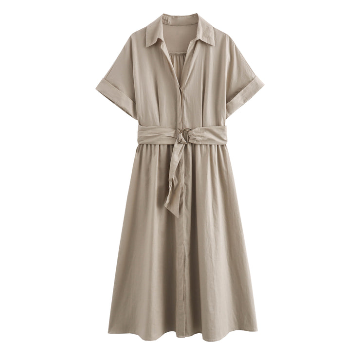 zara style army green beige short sleeves long maxi knee length dress belted everyday casual wear pockets button down shirt polo dress everyday casual wear styles linen cotton polyester 