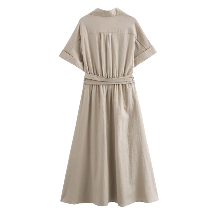 zara style army green beige short sleeves long maxi knee length dress belted everyday casual wear pockets button down shirt polo dress everyday casual wear styles linen cotton polyester 