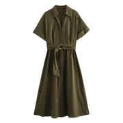 zara style army green beige short sleeves long maxi knee length dress belted everyday casual wear pockets button down shirt polo dress everyday casual wear styles linen cotton polyester 