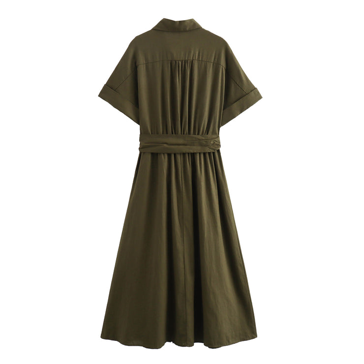 zara style army green beige short sleeves long maxi knee length dress belted everyday casual wear pockets button down shirt polo dress everyday casual wear styles linen cotton polyester 