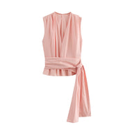 light pink zara wrap around top gartered wide leg pants matching outfit sets coordinates side pockets zipped on the side sleeveless v neck top straight cut trousers everyday zara h&m uniqlo mango 