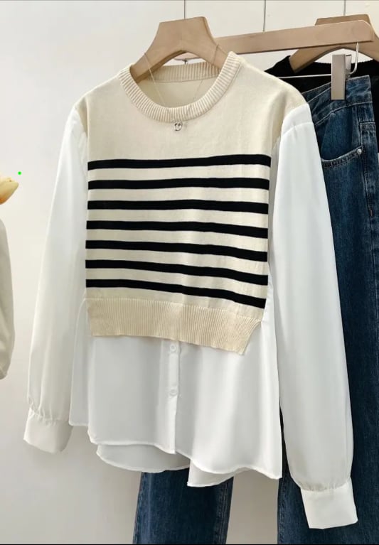 black apricot beige sweater knitted knits long sleeves patchwork top stripes cold weather cool winter wear crew neck button down shirt top 