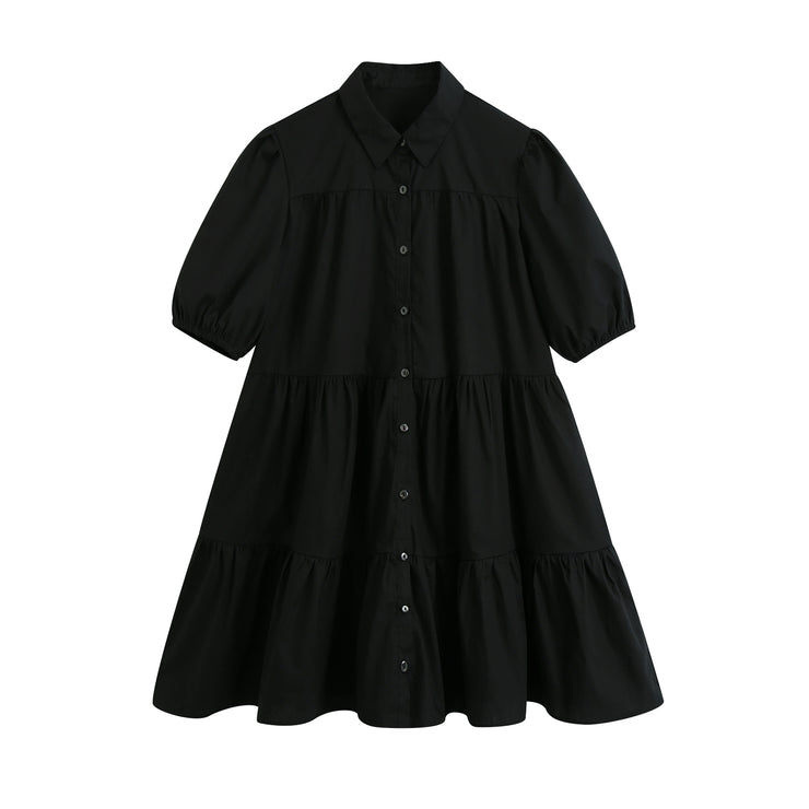 women's clothing korean dresses baby doll dress black white knee length short sleeves dress button down