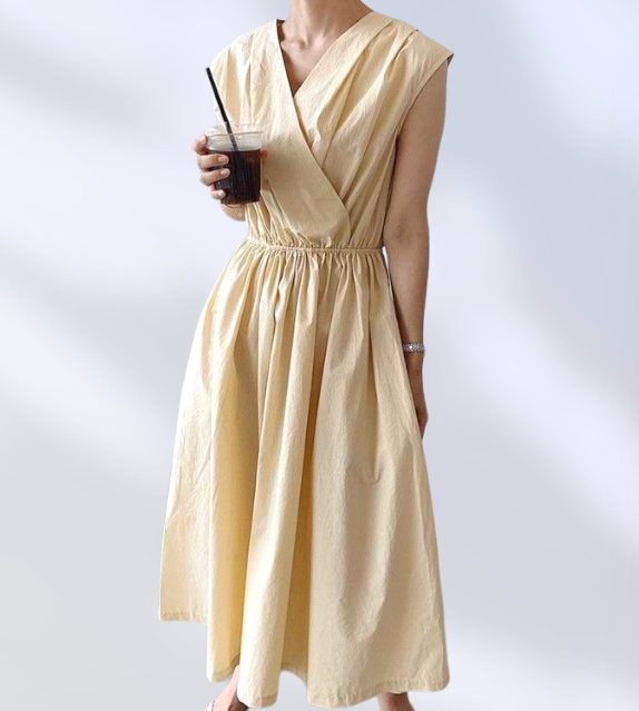 korean dress for women sunday smart casual long midi simple below the knee  v neck cotton polyester free size cute sexy apricot yellow beige